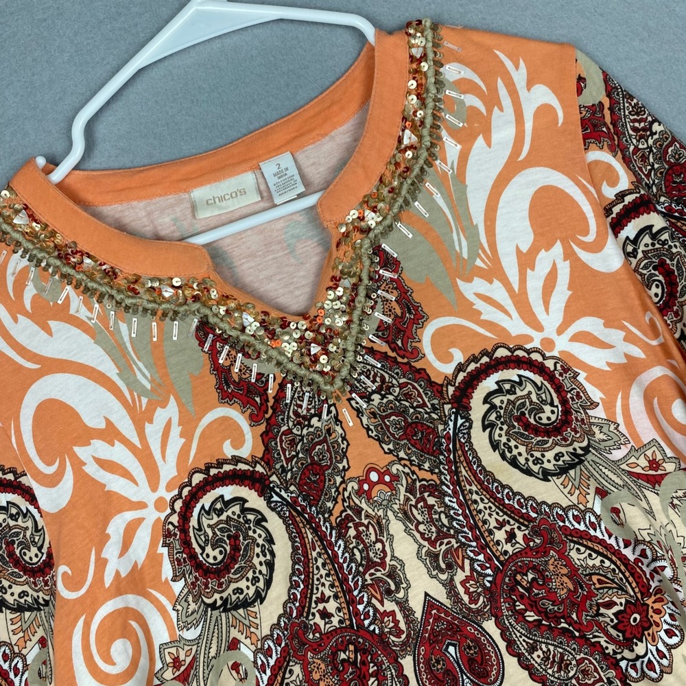 Chicos Orange Paisley Beaded Split Neck Tunic Top Size 2 Large 3/4 Sleeve